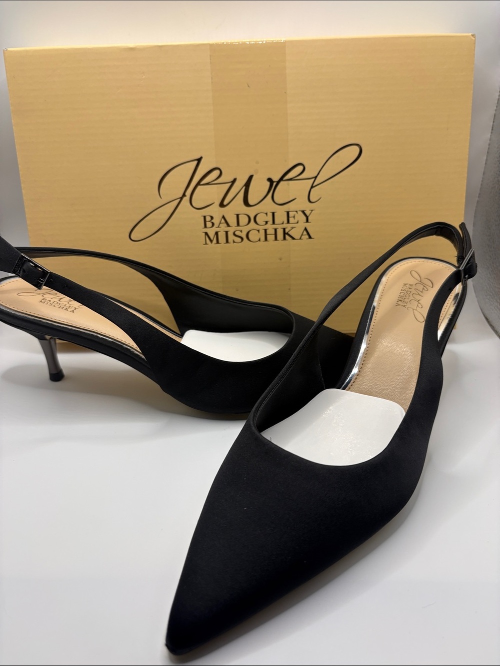 Jewel Badgley Mischka Black satin Ilana Pointed Slingback Kitten Heels